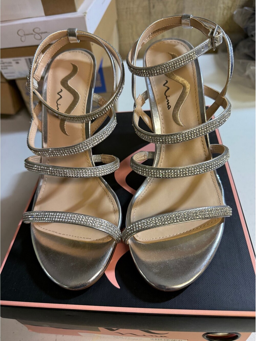 Nina Silver Strappy High Heel Sandals with Rhinestones Size 8.5M